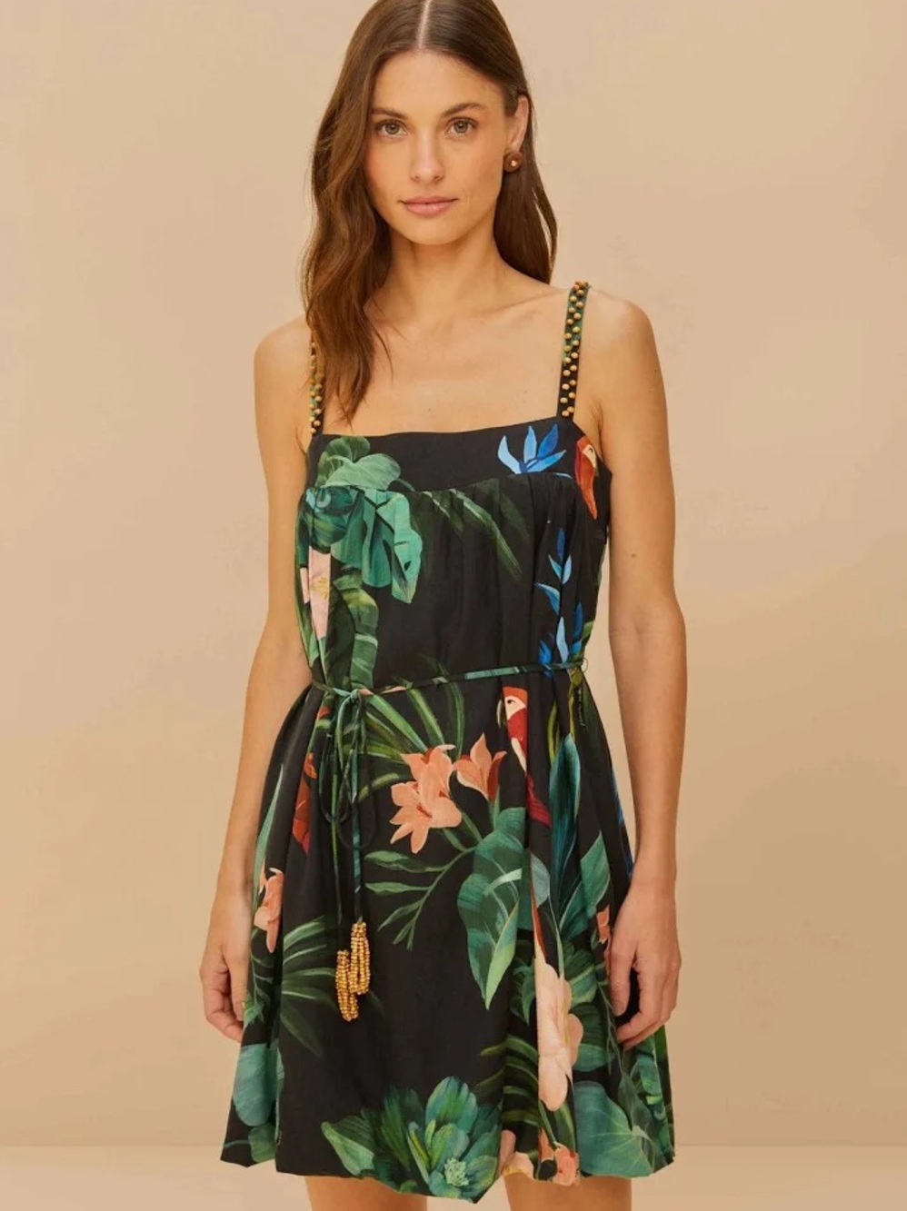 NWT FARM RIO Midnight Macaw short dress in linen - Black - Large